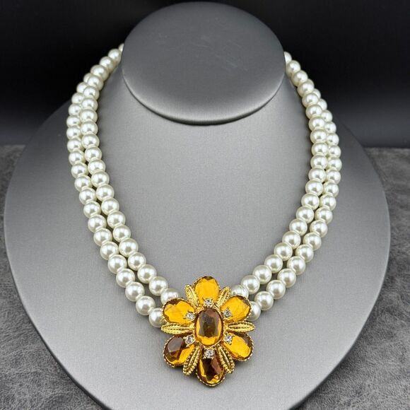 Estate Jewelry - Vintage Necklace Two-strand Faux White Pearls Gold-tone Rhinestone Flower